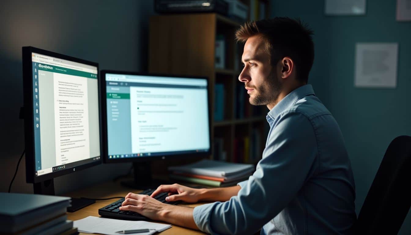 An academic researcher is working at a cluttered desk with two computer screens, using WordAi and Turnitin for analysis.