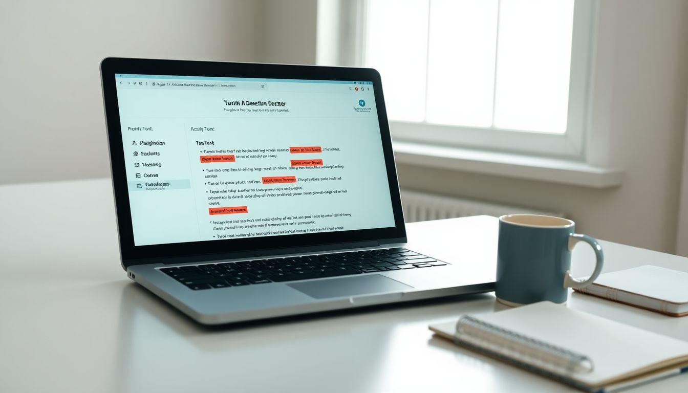 A laptop displays Turnitin AI Detection Checker marking plagiarized content.