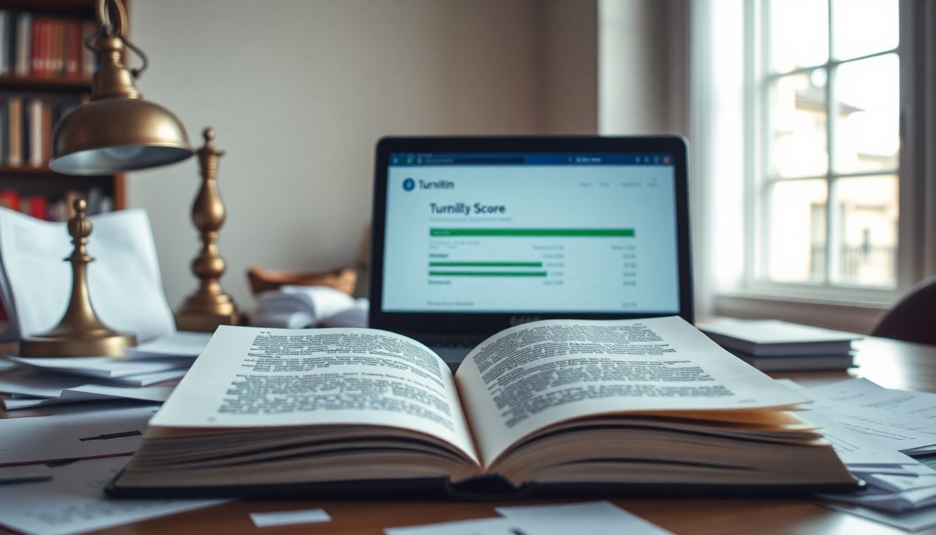 An open book and laptop with Turnitin similarity score on desk. An open book and laptop with Turnitin similarity score on desk.